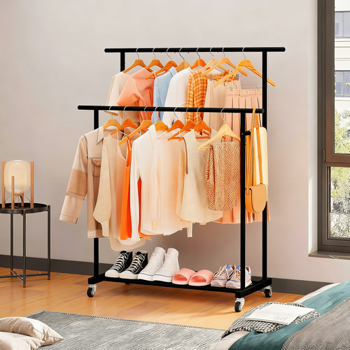 Double Rod Clothing Garment Rack,Rolling Hanging Clothes Rack,Portable Clothes Organizer for Bedroom
