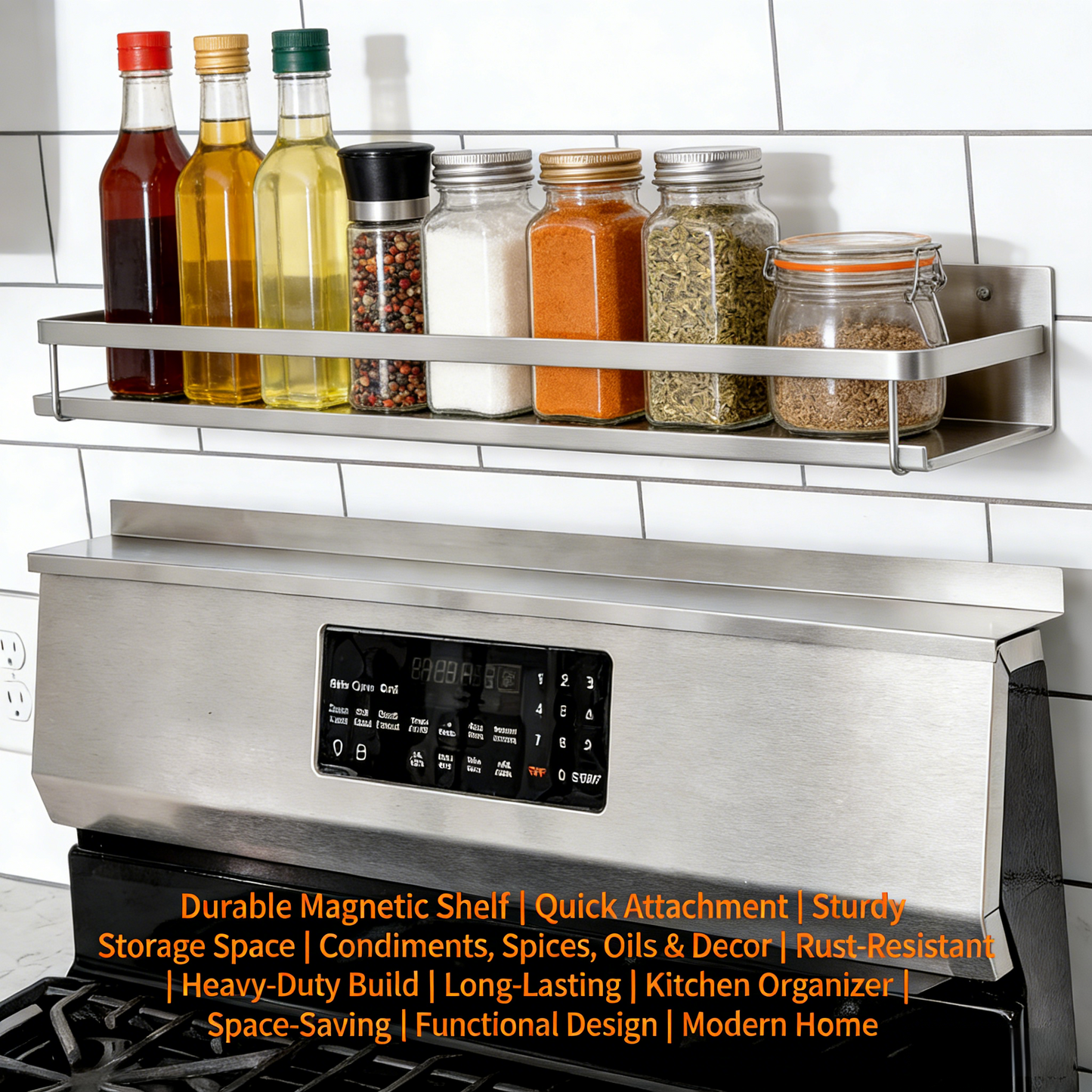 30" Length Stainless Steel Finish Magnetic Shelf for Kitchen Stove - Kitchen Storage Solution with Zero Installation