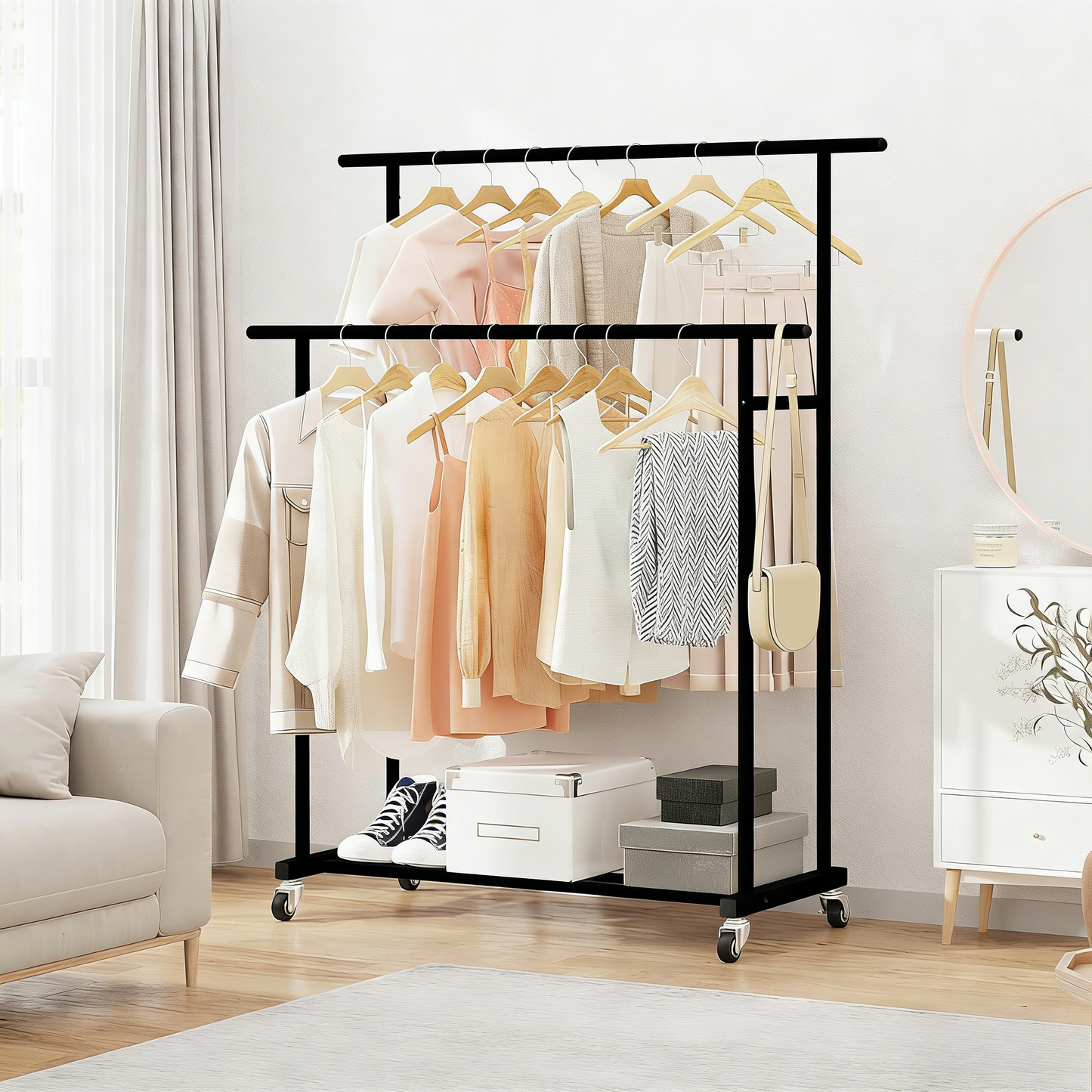 Double Rod Clothing Garment Rack,Rolling Hanging Clothes Rack,Portable Clothes Organizer for Bedroom