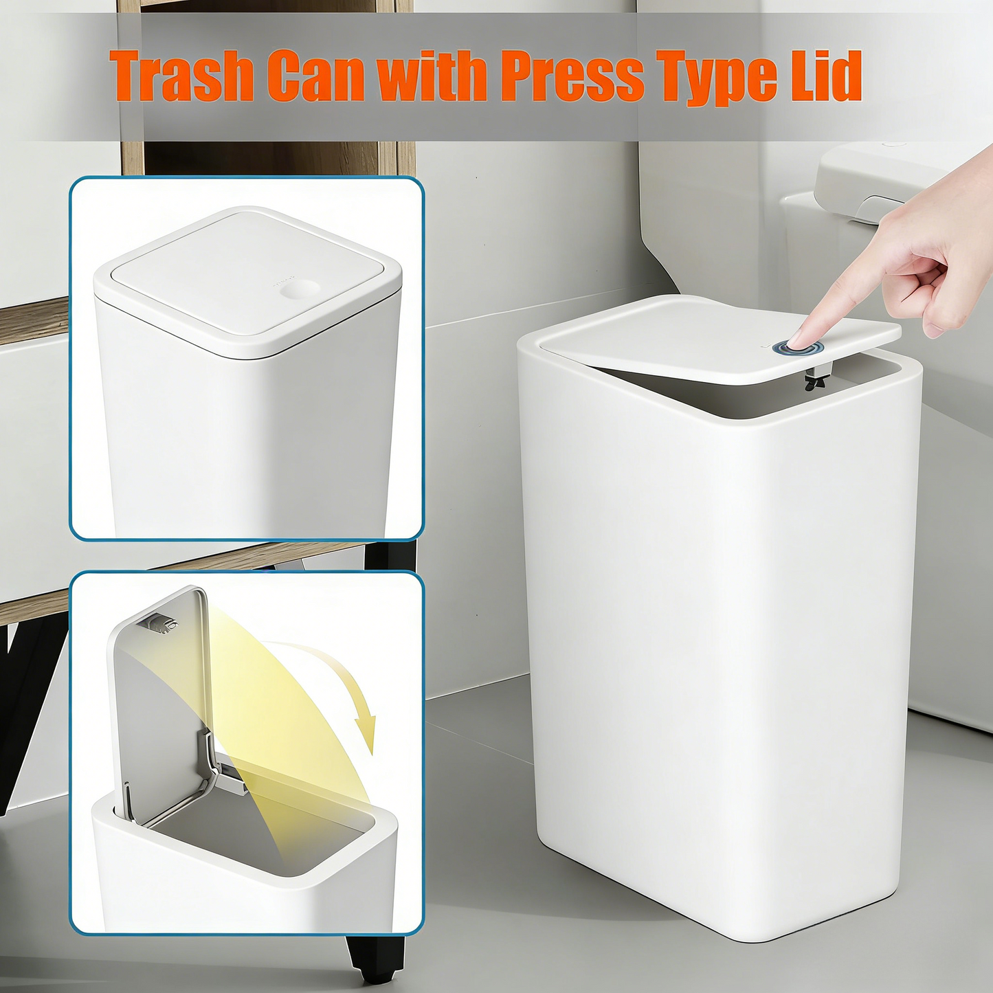 Bathroom Trash Can with Lid, 10 Liter/ 2.6 Gallon Slim Garbage Can, Small Trash Bin Waste Basket with Pop-Up Lid for Kitchen