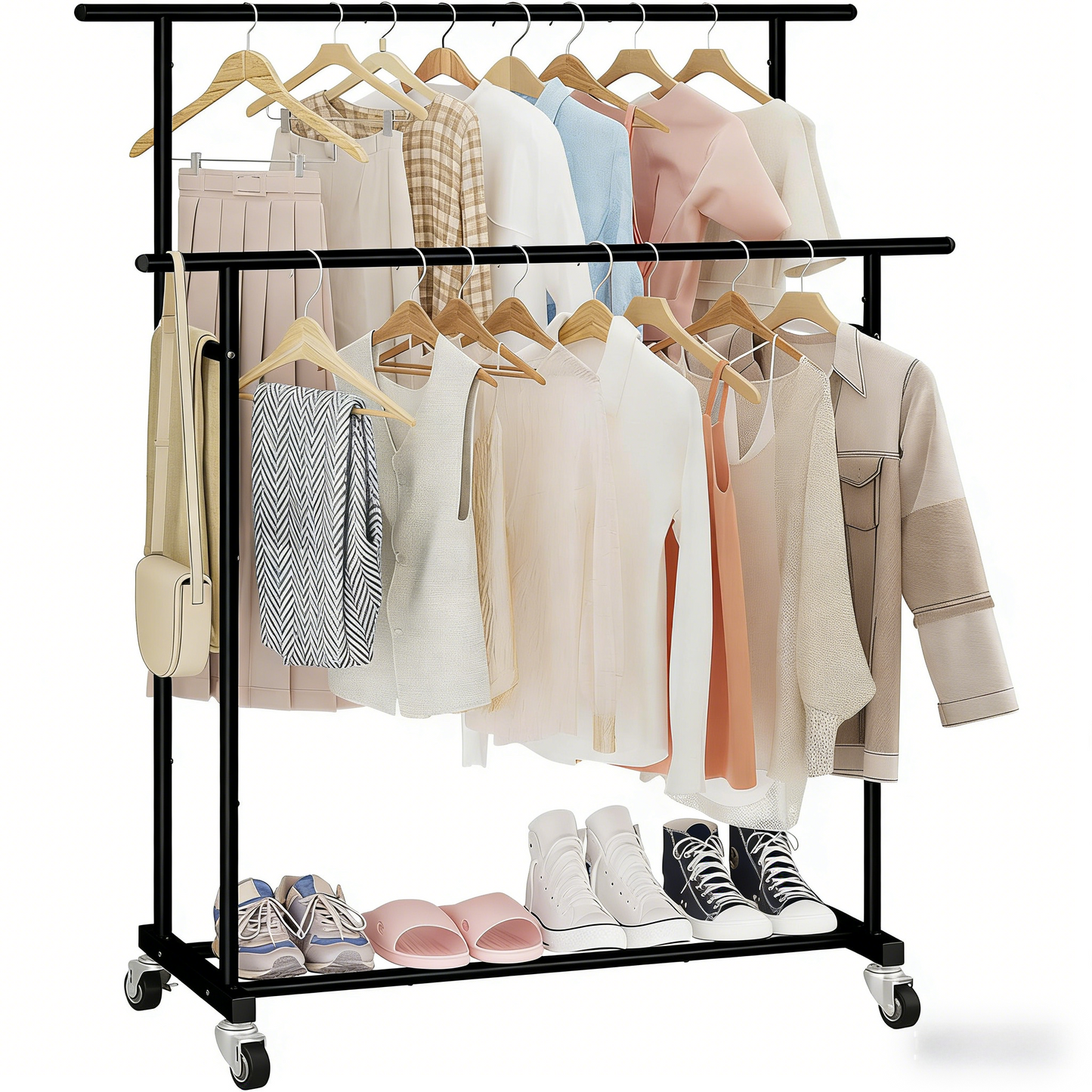 Double Rod Clothing Garment Rack,Rolling Hanging Clothes Rack,Portable Clothes Organizer for Bedroom