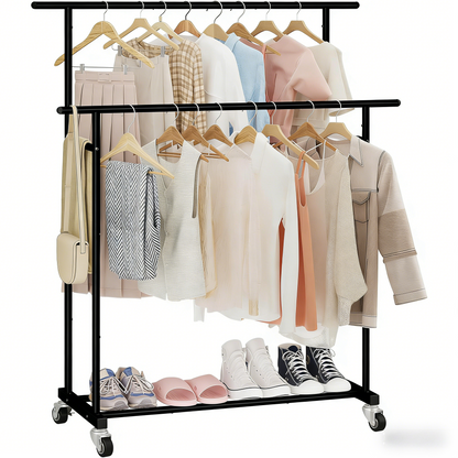 Double Rod Clothing Garment Rack,Rolling Hanging Clothes Rack,Portable Clothes Organizer for Bedroom