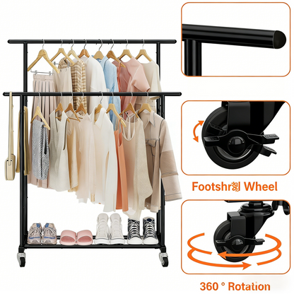 Double Rod Clothing Garment Rack,Rolling Hanging Clothes Rack,Portable Clothes Organizer for Bedroom