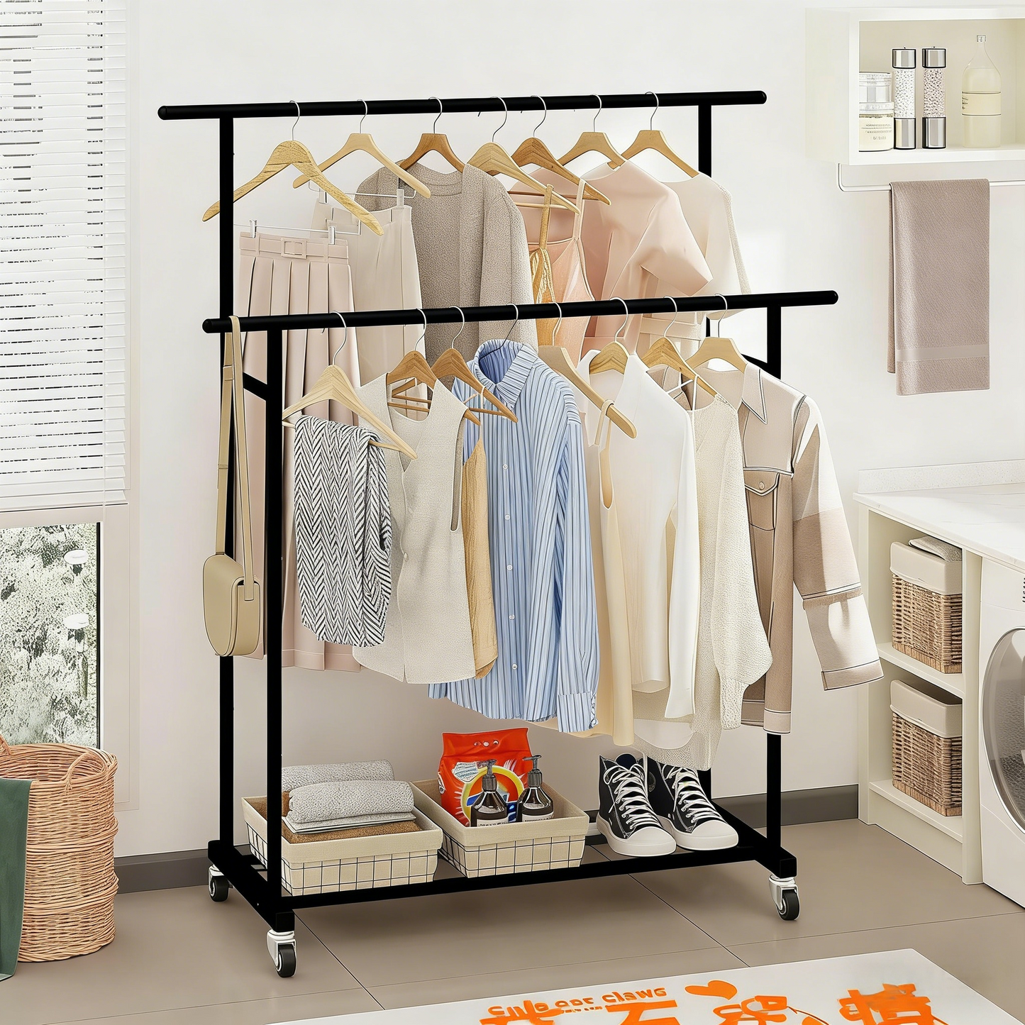 Double Rod Clothing Garment Rack,Rolling Hanging Clothes Rack,Portable Clothes Organizer for Bedroom