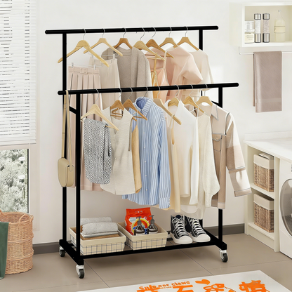 Double Rod Clothing Garment Rack,Rolling Hanging Clothes Rack,Portable Clothes Organizer for Bedroom