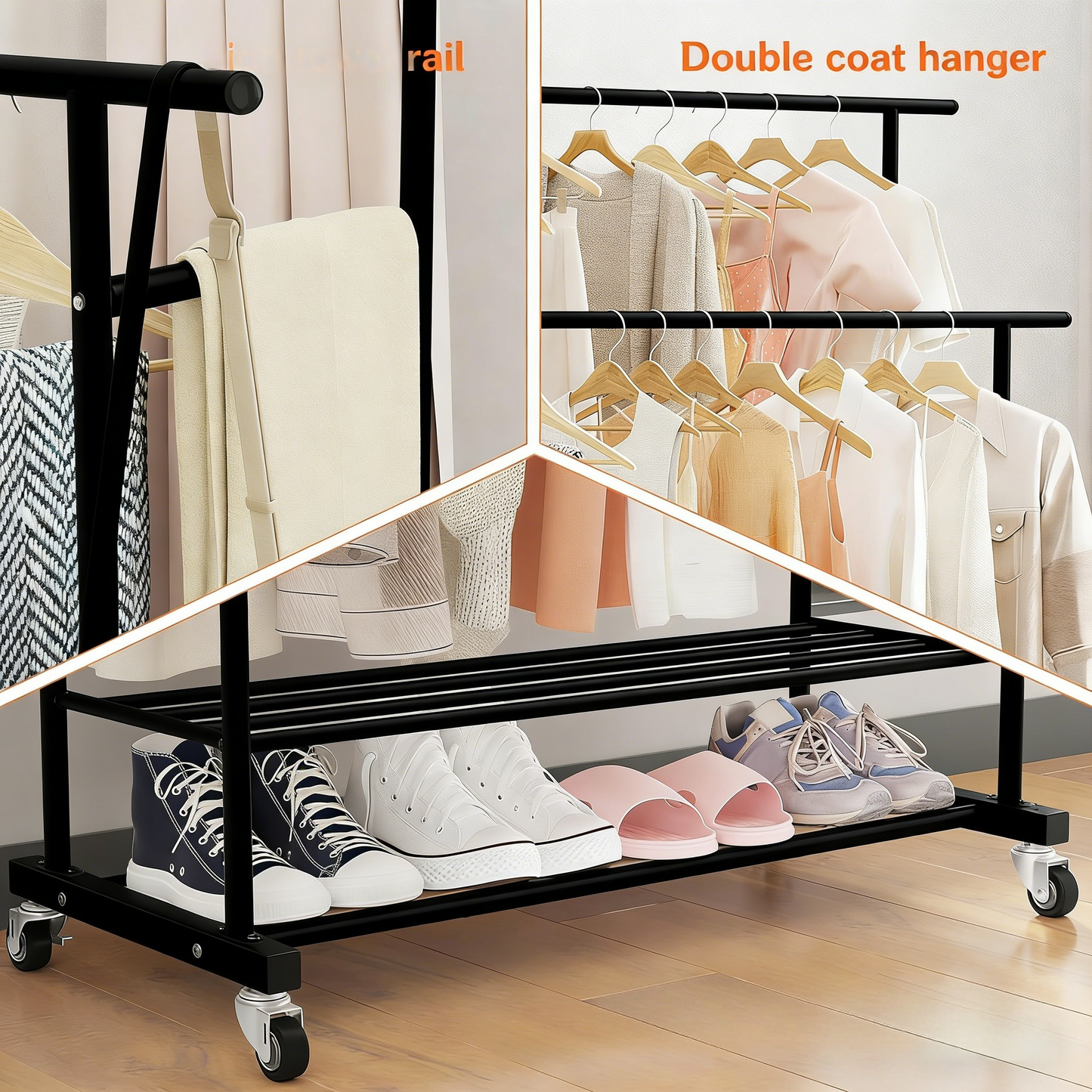 Double Rod Clothing Garment Rack,Rolling Hanging Clothes Rack,Portable Clothes Organizer for Bedroom