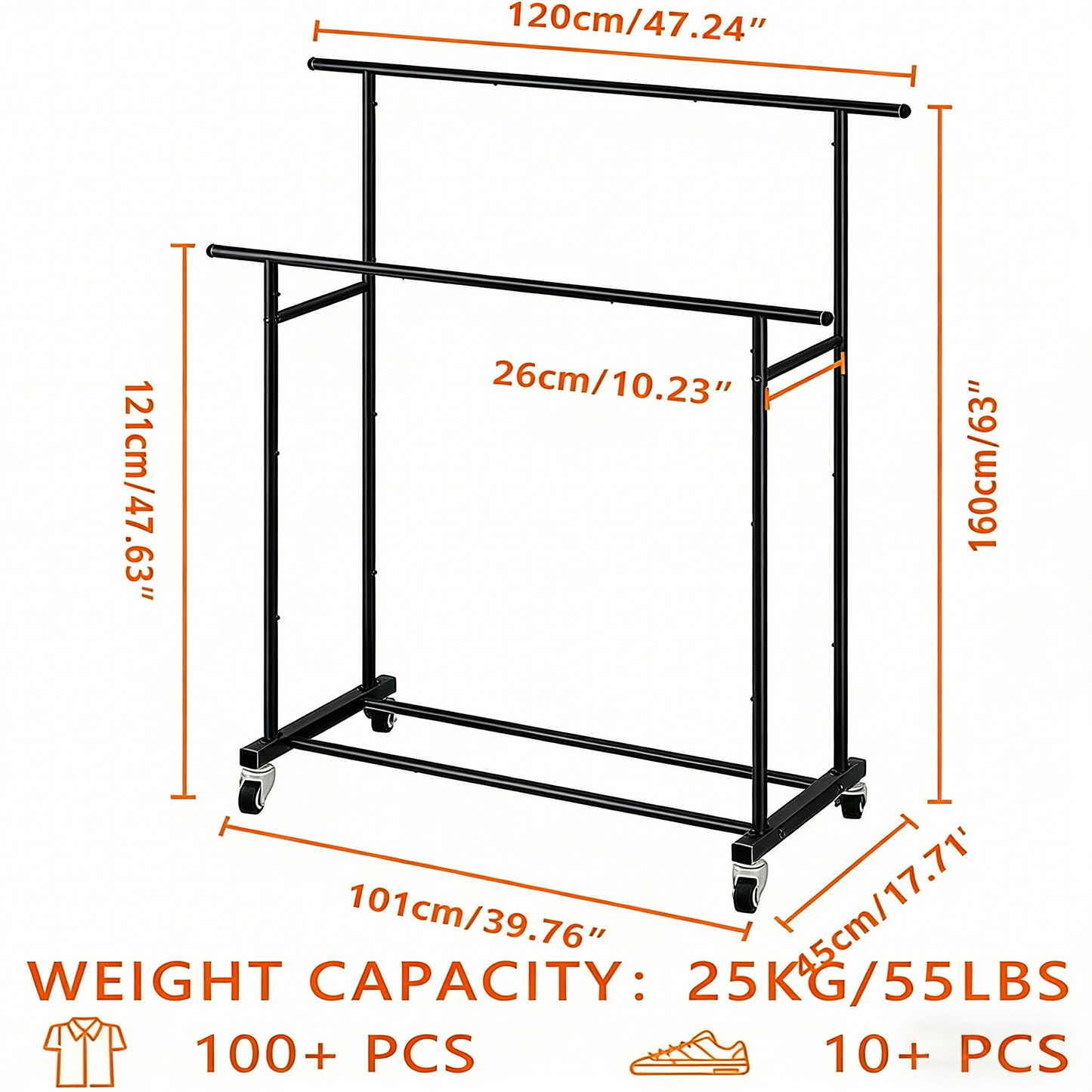 Double Rod Clothing Garment Rack,Rolling Hanging Clothes Rack,Portable Clothes Organizer for Bedroom